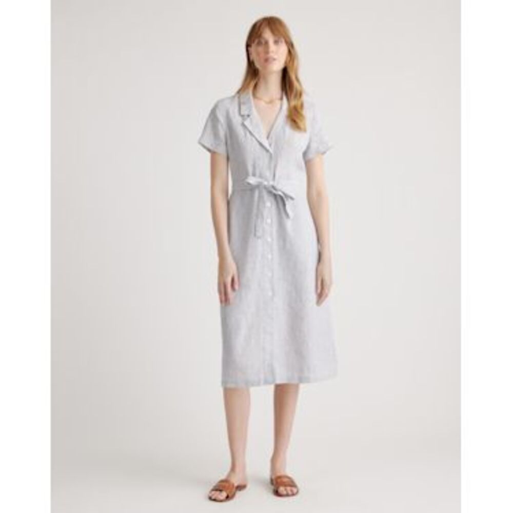 Light Blue Button-Front Tie-Waist Midi Dress